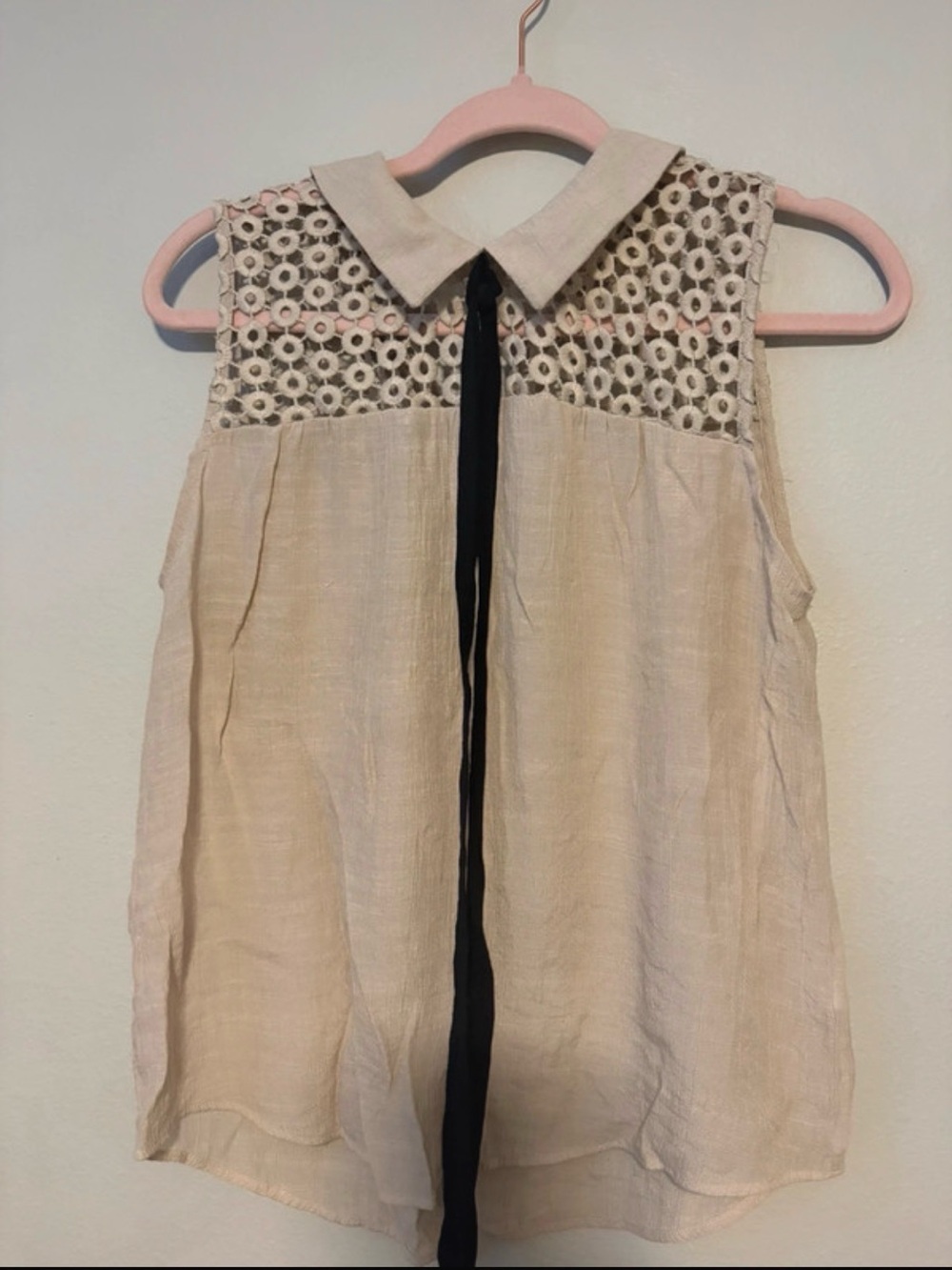 Sleeveless Cream Lace-Yoke Camisole with Black Front Tie L fits M